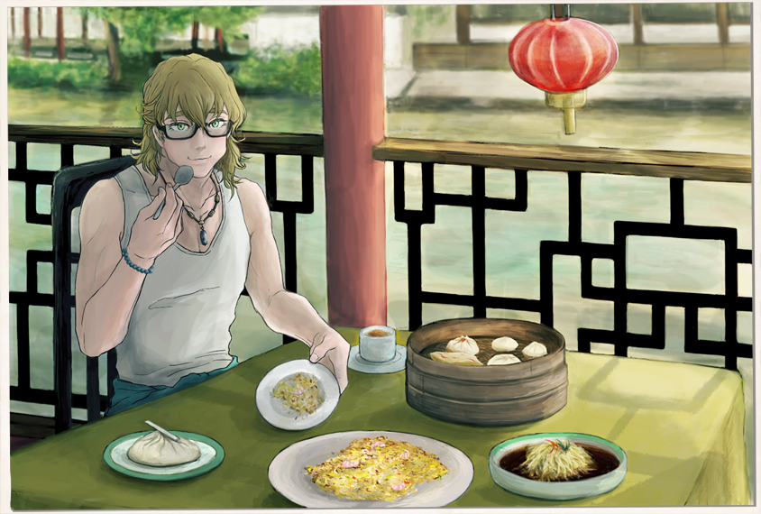 barnaby_brooks_jr, blonde_hair, bracelet, chinese_food, eating, food, fried_rice, glasses