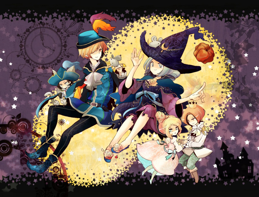 3boys, alternate_costume, alternate_hair_color, black_hair, blonde_hair, bloomers, blue_eyes, brown_eyes, brown_hair, cai_wenji, cao_pi, cinderella, crescent, dress, fork, grey_eyes, grey_hair, guo_jia, hat, long_hair, mouse, multiple_boys, multiple_girls, oogrmr, pumpkin, puss_in_boots, shin_sangoku_musou, shin_sangoku_musou_6, smile, star, witch_hat, zhang_liao, zhen_ji