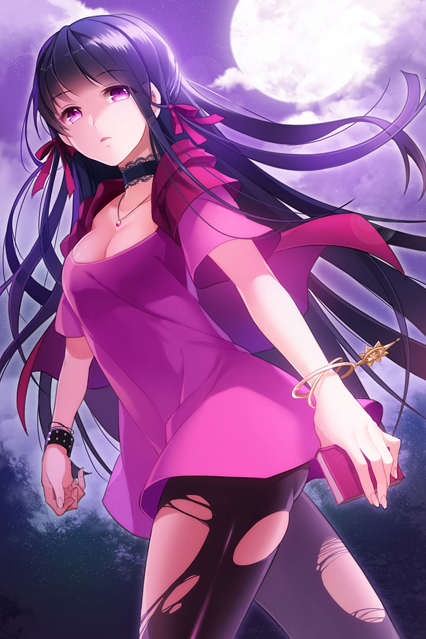 black_hair, black_legwear, book, bracelet, breasts, full_moon, hair_ribbon, holding