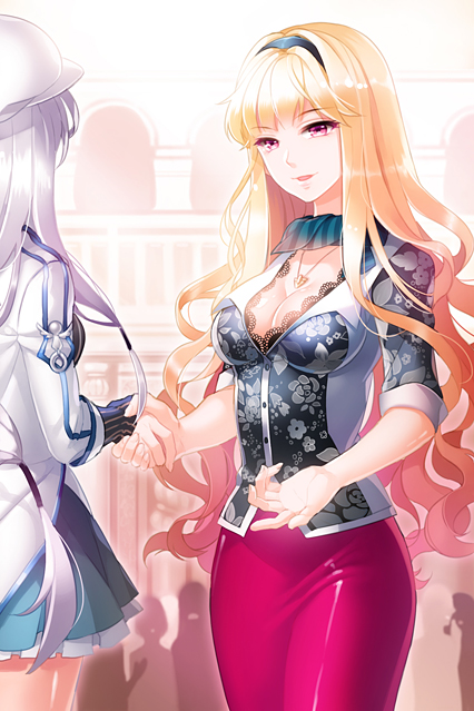 2girls, blonde_hair, breasts, cleavage, eisenwane, female, gloves, grey_hair