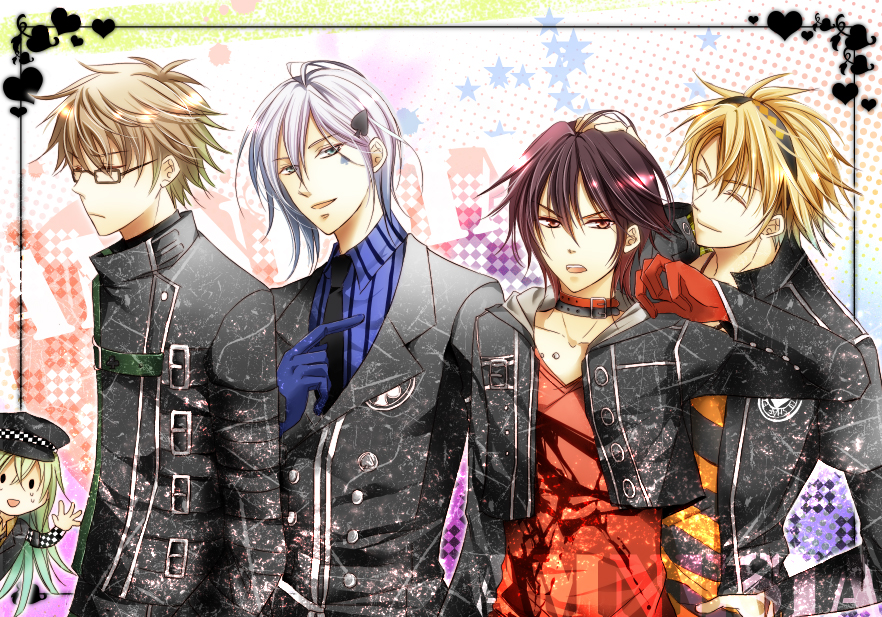 amnesia_(idea_factory), black_hair, blonde_hair, blue_eyes, brown_hair, chibi, closed_eyes, coat