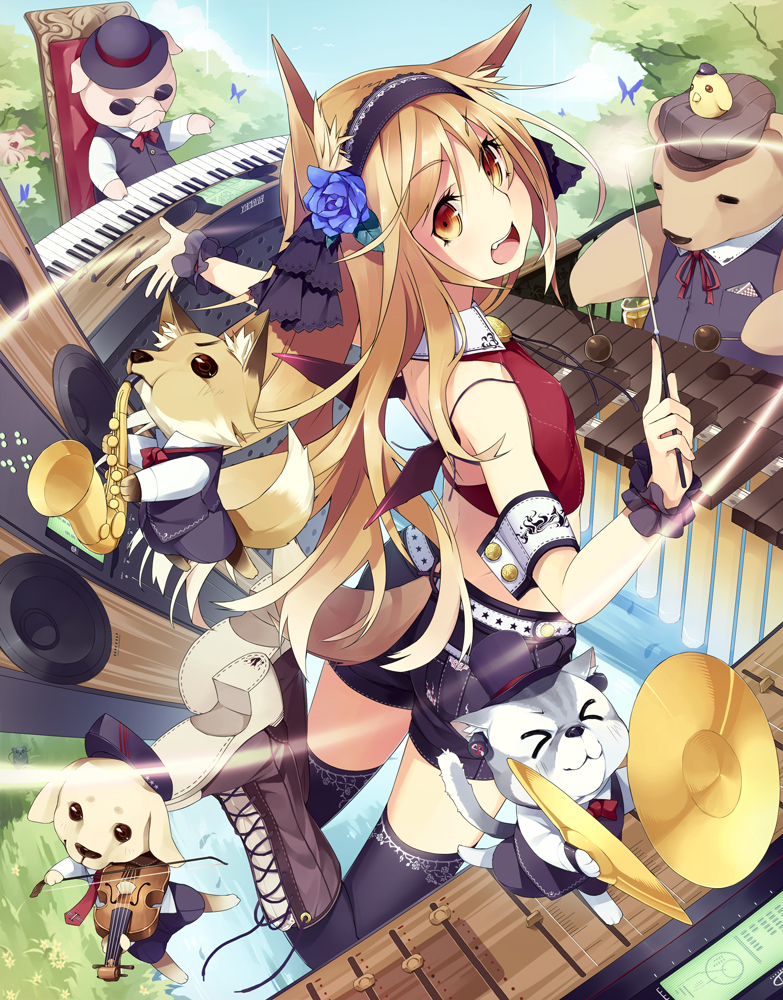 >_<, animal, animal_ears, bad_id, baton_(instrument), bear, bird, blonde_hair