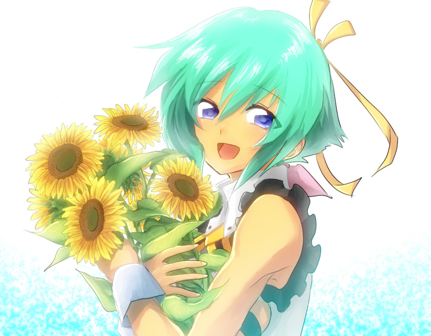 :d, aquarion_(series), aquarion_evol, blue_eyes, flower, green_hair, hair_ribbon, open_mouth, ribbon, short_hair, smile, solo, sunflower, wamomopi, zessica_wong