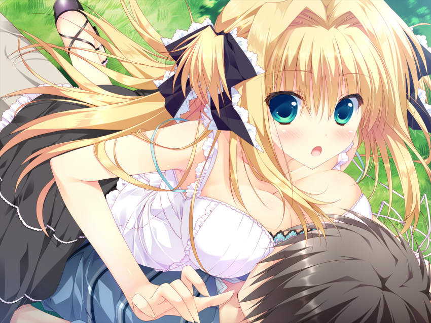 asaba_yuu, blonde_hair, blush, cleavage, game_cg, green_eyes, hoshizora_e_kakaru_hashi, hoshizora_e_kakaru_hashi_aa