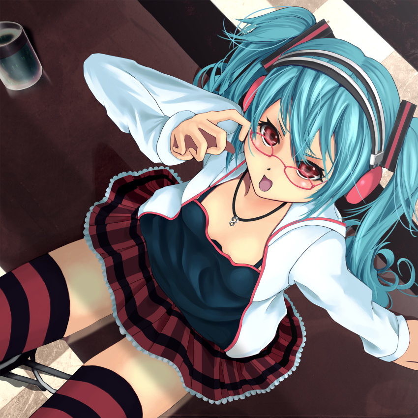 1girl, aqua_hair, coppelia_(futamine), glasses, hatsune_miku, headphones, highres, jewelry