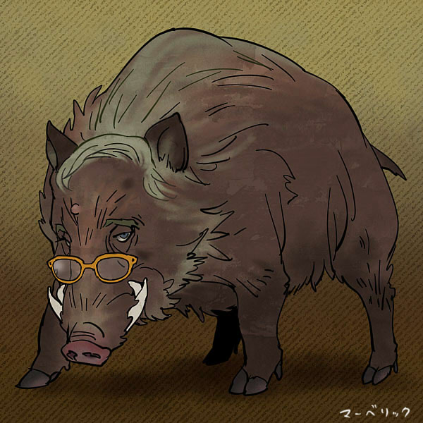 animalization, boar, glasses, mamemo_(daifuku_mame), no_humans, pig, pun, solo