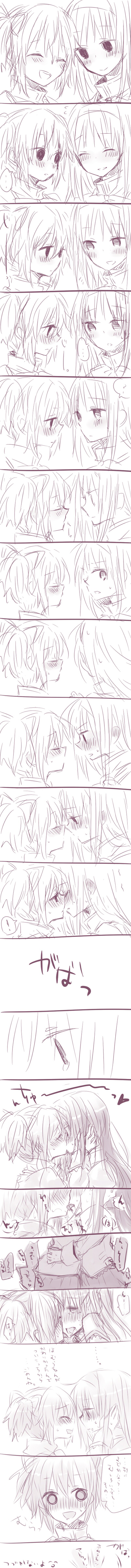 ^_^, absurdres, akemi_homura, blush, closed_eyes, comic, eyes_closed, french_kiss