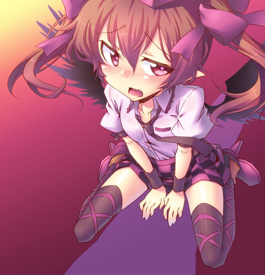 black_legwear, blush, brown_hair, checkered, checkered_skirt, fang, geta, hat, heart, heart-shaped_pupils, highres, himekaidou_hatate, long_hair, necktie, open_mouth, purple_eyes, red_(artist), skirt, solo, symbol-shaped_pupils, tengu-geta, thigh-highs, thighhighs, tokin_hat, touhou, twintails, violet_eyes, wings, wristband