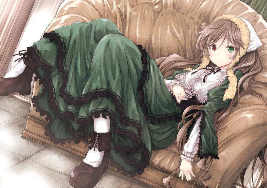 black_shoes, brown_hair, couch, dress, dutch_angle, floor, frills, green_eyes