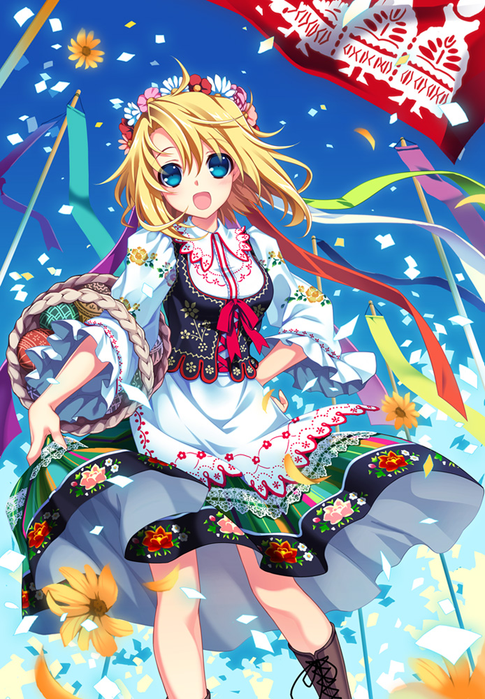 apron, basket, blonde_hair, blue_eyes, blue_sky, boots, confetti, cross-laced_footwear