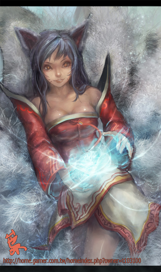 ahri, animal_ears, bare_shoulders, black_hair, breasts, cleavage, dark_hair, energy_ball