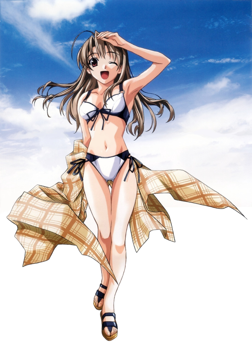 1girl, ;d, ahoge, arm_up, armpits, artist_request, bikini, brown_eyes