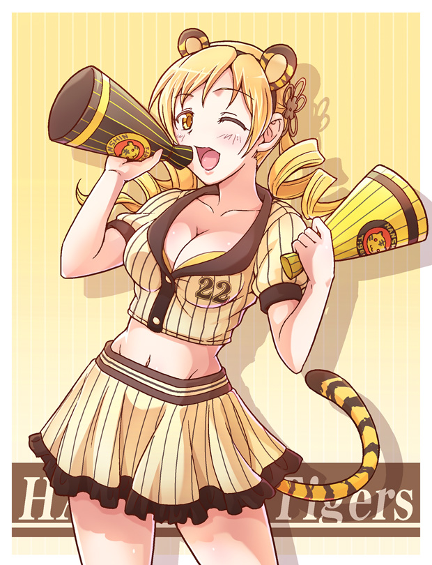 ;d, animal_ears, blonde_hair, breasts, cleavage, drill_hair, e20, hair_ornament
