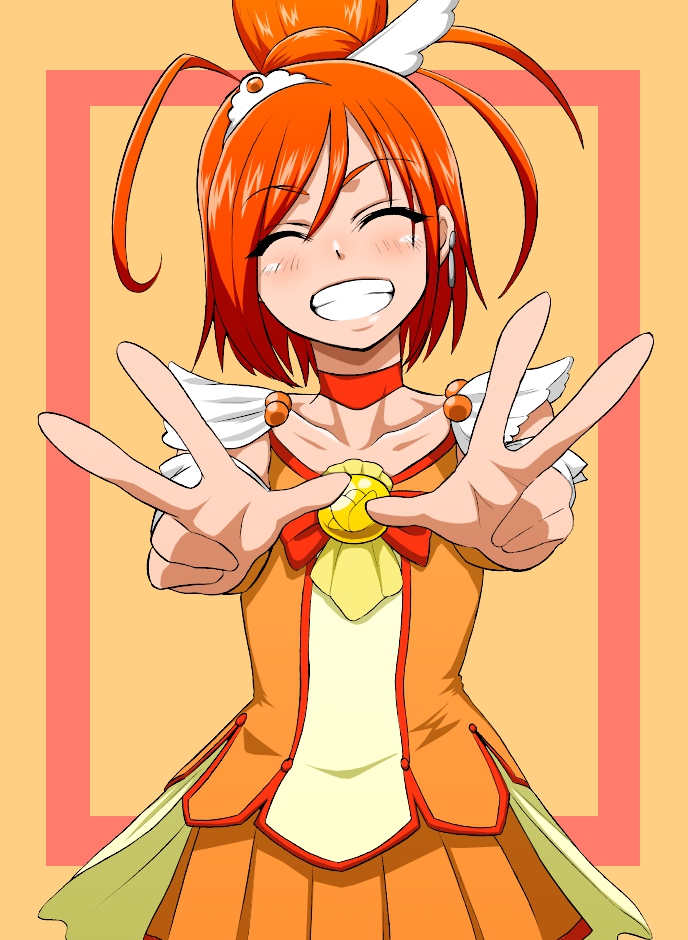 ^_^, choker, closed_eyes, cure_sunny, double_v, eyes_closed, hino_akane, hokuto_(tokuho), magical_girl, orange_hair, precure, skirt, smile_precure!, solo, tiara, v