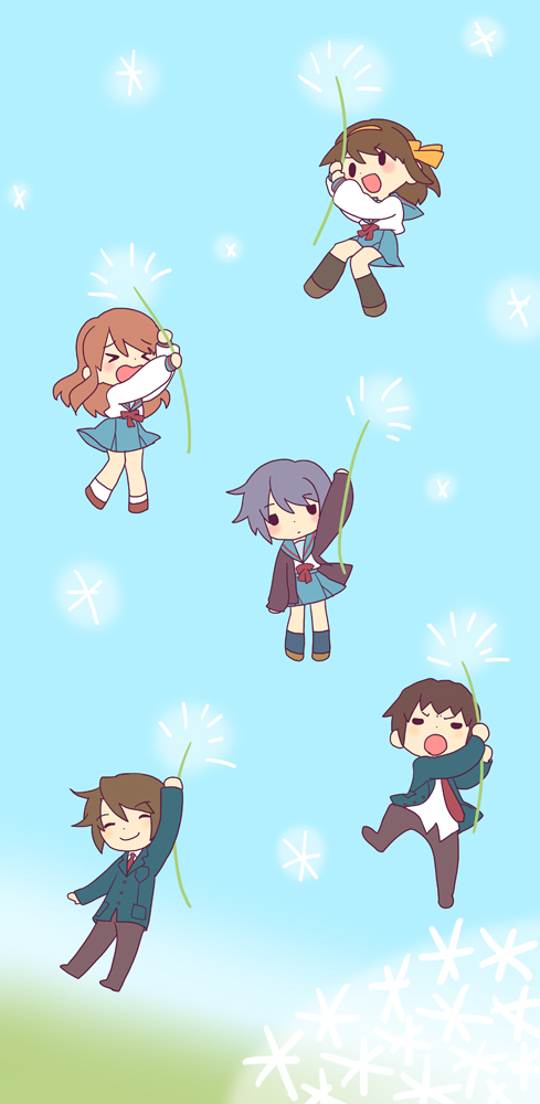 chibi, dandelion, flower, koizumi_itsuki, kyon, nagato_yuki, rope, satou_shino, school_uniform, serafuku, suzumiya_haruhi, suzumiya_haruhi_no_yuuutsu