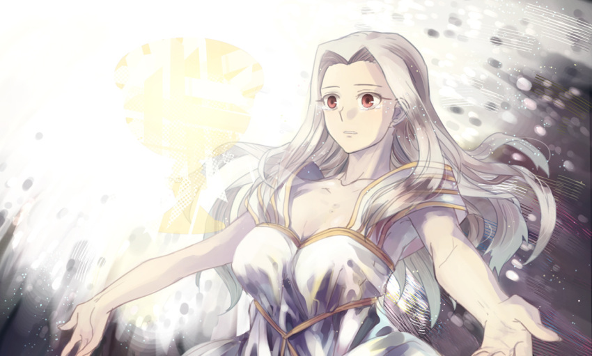bad_id, dress, fate/zero, fate_(series), irisviel_von_einzbern, kome_kako, long_hair, outstretched_arms, red_eyes, spread_arms, tears, white_hair