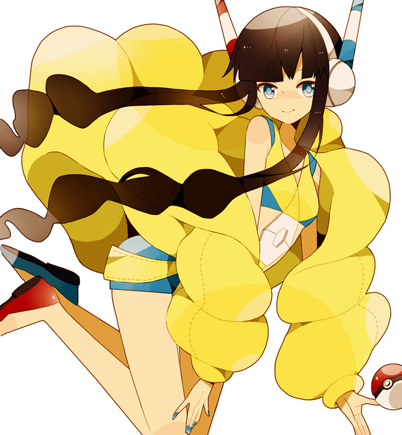 bare_legs, black_hair, blue_eyes, fur_coat, headphones, kamitsure_(pokemon), long_hair, mismatched_footwear, mochi730, poke_ball, pokemon, pokemon_(game), pokemon_bw2, simple_background, smile, solo, twintails, white_background