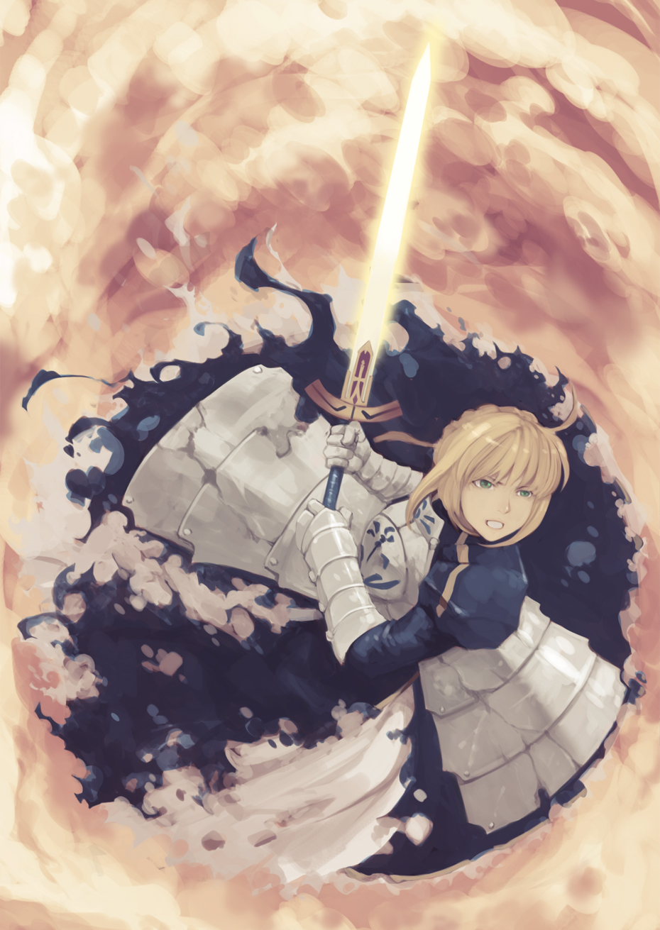 ahoge, armor, armored_dress, artarchanime, blonde_hair, dress, excalibur, fate/zero