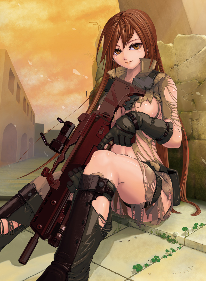 aimpoint, amajita, assault_rifle, boots, breasts, brown_eyes, brown_hair, g36, g36k, gloves, gun, highres, long_hair, original, pouch, rifle, scope, sitting, smile, solo, thigh_strap, torn_clothes, very_long_hair, weapon