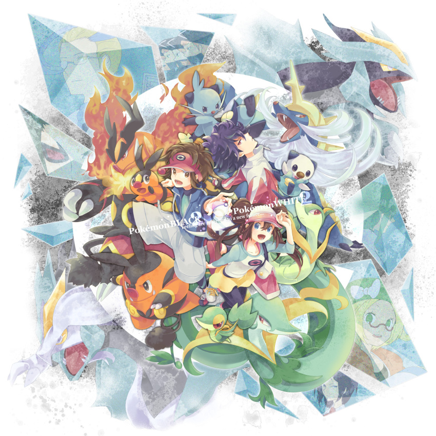 1girl, 2boys, azurebloom, bag, bel_(pokemon), black_hair, black_legwear, brown_hair