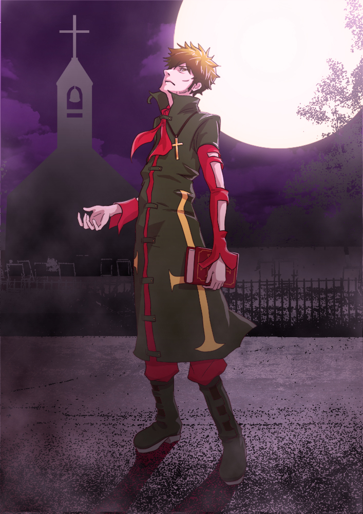 book, brown_hair, church, cross, facial_hair, full_moon, guillotine_cutter, kizumonogatari