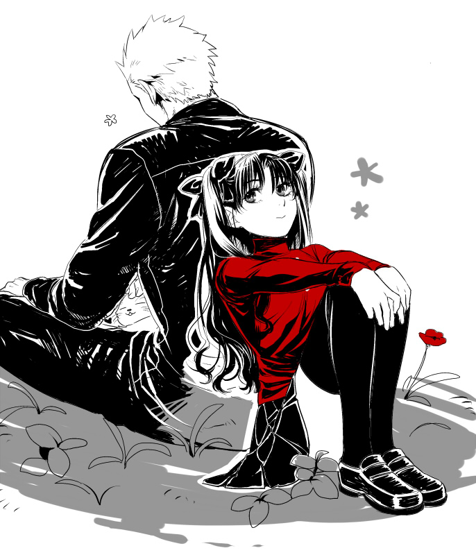1girl, archer, back-to-back, black_hair, black_legwear, fate/stay_night, fate_(series), hair_ribbon