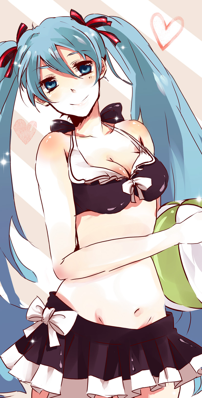 bad_id, ball, bare_shoulders, beachball, bikini, bikini_skirt, bikini_top, blue_eyes