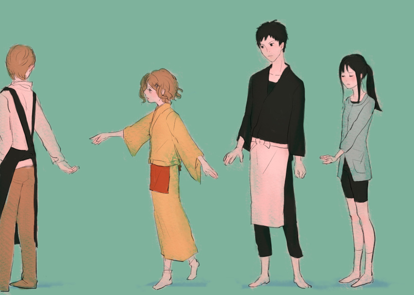 2girls, apron, bike_shorts, biko_(daydreamend), black_hair, brown_hair, closed_eyes, eyes_closed