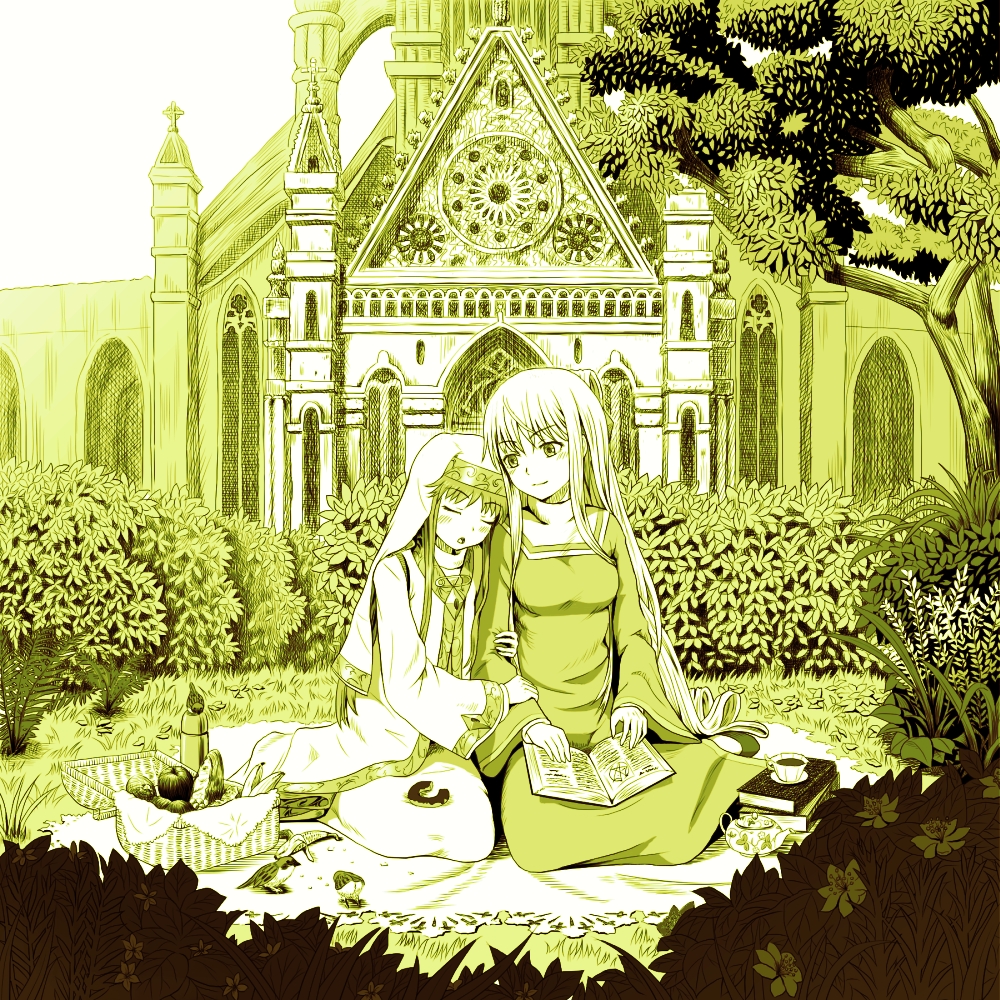 book, church, habit, index, laura_stuart, long_hair, monochrome, multiple_girls
