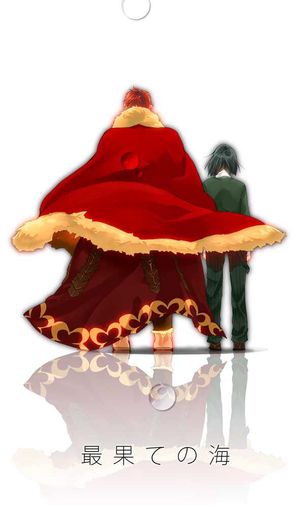 cape, fate/zero, fate_(series), from_behind, green_hair, male, matsutake, multiple_boys, red_hair, redhead, rider_(fate/zero), waver_velvet