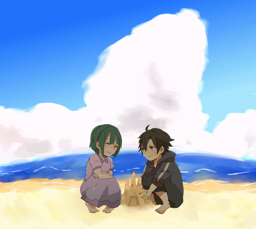 1girl, barefoot, beach, black_hair, child, fate/zero, fate_(series), green_hair