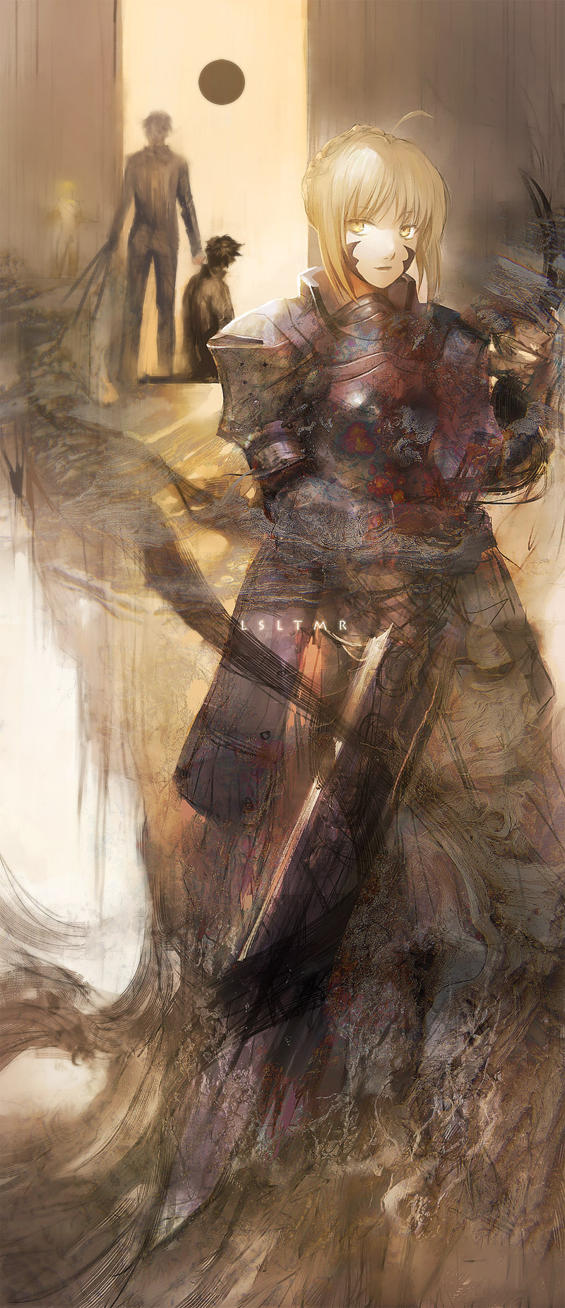 2boys, armor, armored_dress, black_keys, blonde_hair, dark_excalibur, dress, emiya_kiritsugu