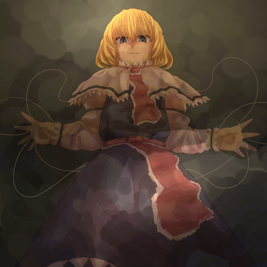 alice_margatroid, blonde_hair, blue_eyes, capelet, dress, evil_grin, evil_smile, from_below