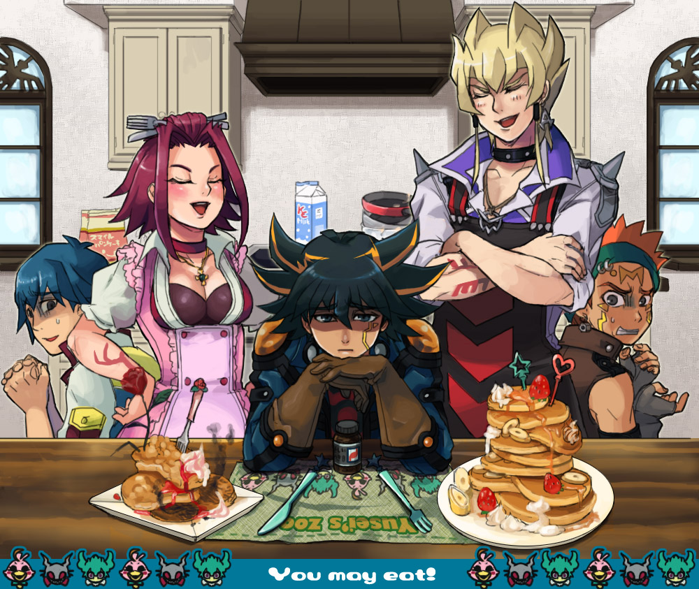 4boys, annoyed, apron, blonde_hair, blue_hair, breasts, bruno, cleavage