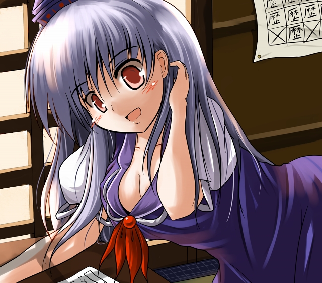 blue_hair, blush, breasts, cleavage, desk, hat, kamishirasawa_keine, leaning_forward