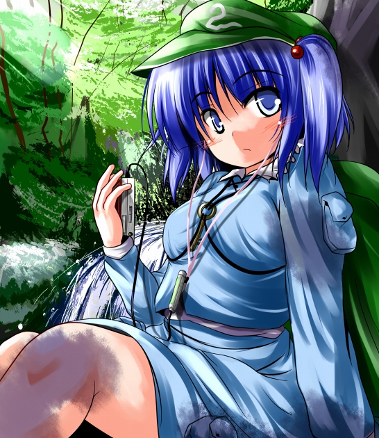 backpack, bag, blue_hair, blush, bow, digital_media_player, earphones, hair_bow