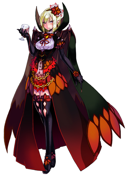boots, cape, cup, cupping_glass, dress, hair_ornament, kenkou_cross, kenkou_kurosu, monster_girl, monster_girl_encyclopedia, original, pointy_ears, solo, thighhighs, vampire, what_is_a_man?, wine_glass