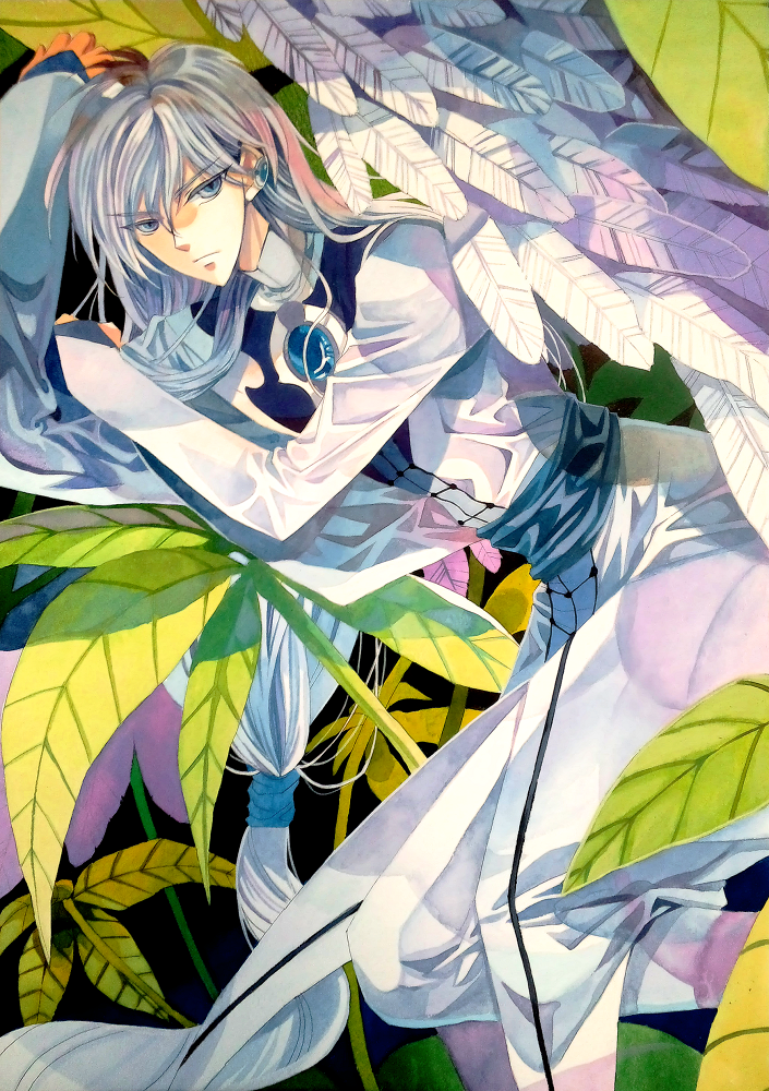 blue_eyes, card_captor_sakura, cardcaptor_sakura, feathers, leaf, long_hair, looking_at_viewer, male