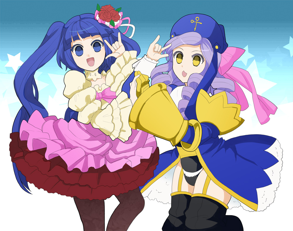 \m/, blue_eyes, blue_hair, dlanor_a_knox, dress, drill_hair, eiserne_jungfrau, furudo_erika