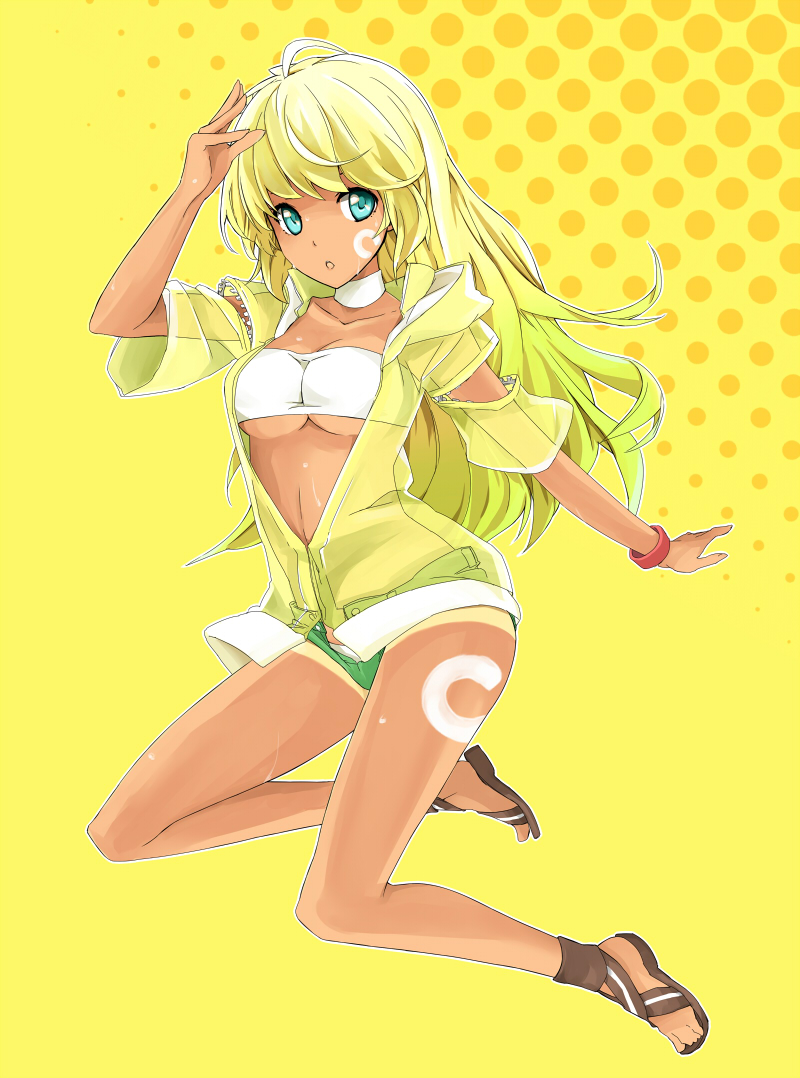 bandeau, blonde_hair, blue_eyes, bracelet, c.c._lemon, c.c._lemon_(character), dark_skin, feet