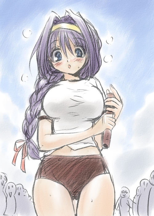 1girl, baton, blue_eyes, blue_hair, blush, braid, buruma, gym_uniform
