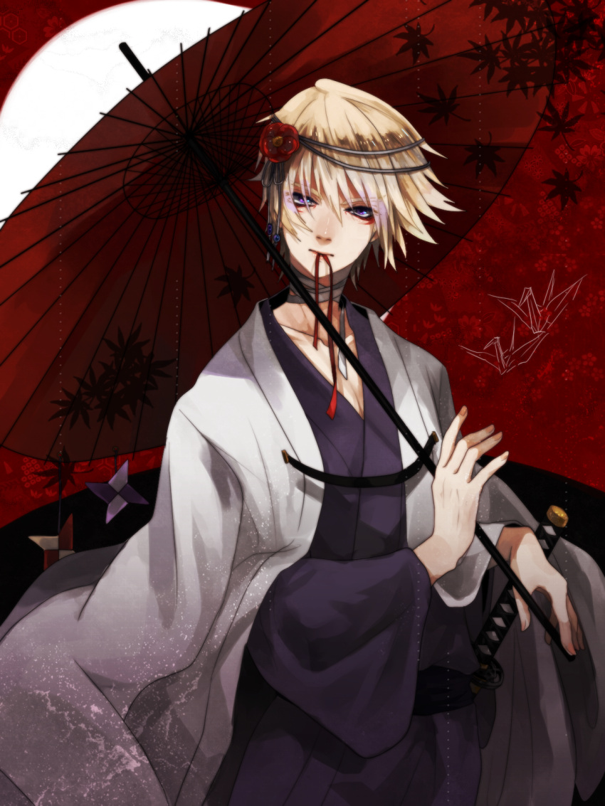 blonde_hair, cloak, face, hair_ornament, hands, highres, ivan_karelin, japanese_clothes