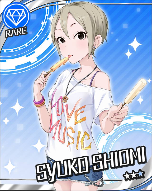 black_eyes, blonde_hair, character_name, denim, denim_shorts, diamond, earrings, idolmaster