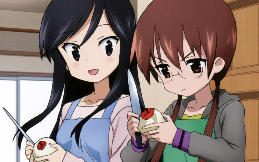 a_channel, apple, apron, black_hair, brown_eyes, brown_hair, food, glasses