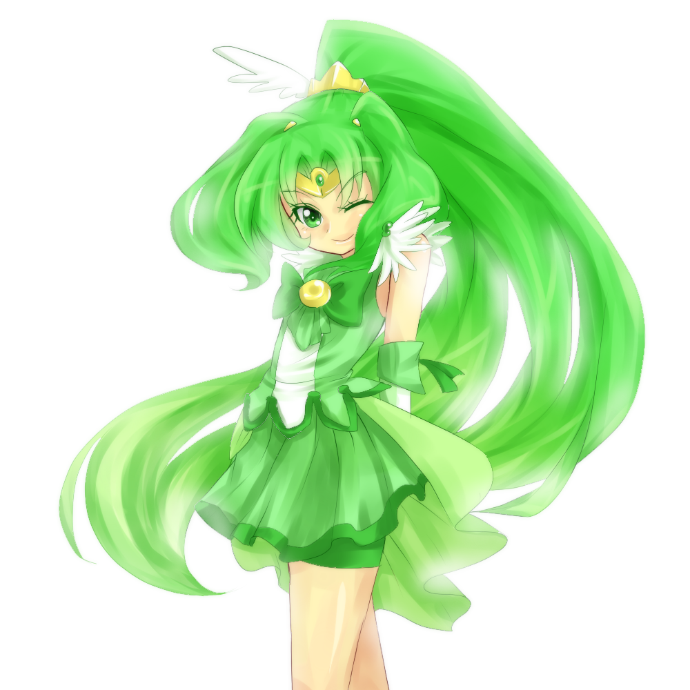 ao_mikan, arms_behind_back, bare_shoulders, bike_shorts, cure_march, dress, green_dress, green_eyes, green_hair, long_hair, magical_girl, midorikawa_nao, ponytail, precure, shorts_under_skirt, skirt, smile, smile_precure!, solo, tiara, tri_tails, wink