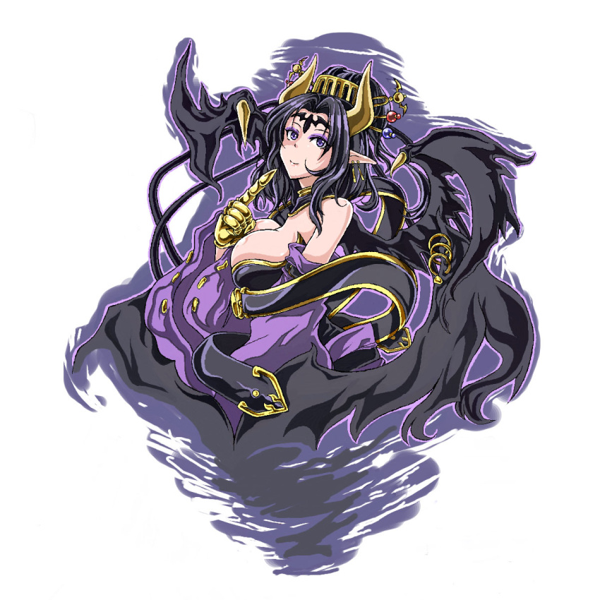 bare_shoulders, bat, bat_wings, black_hair, breasts, bust, claws, cleavage, dawadawa_dawasa, demon_girl, digimon, earrings, facial_mark, female, forehead_mark, hair_ornament, highres, horns, jewelry, large_breasts, lilithmon, pointy_ears, purple_eyes, solo, violet_eyes, wings