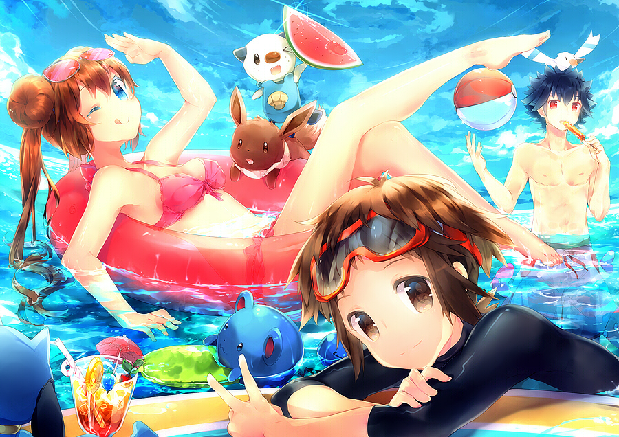 1girl, 2boys, ;q, ball, barefoot, beachball, bikini, black_hair
