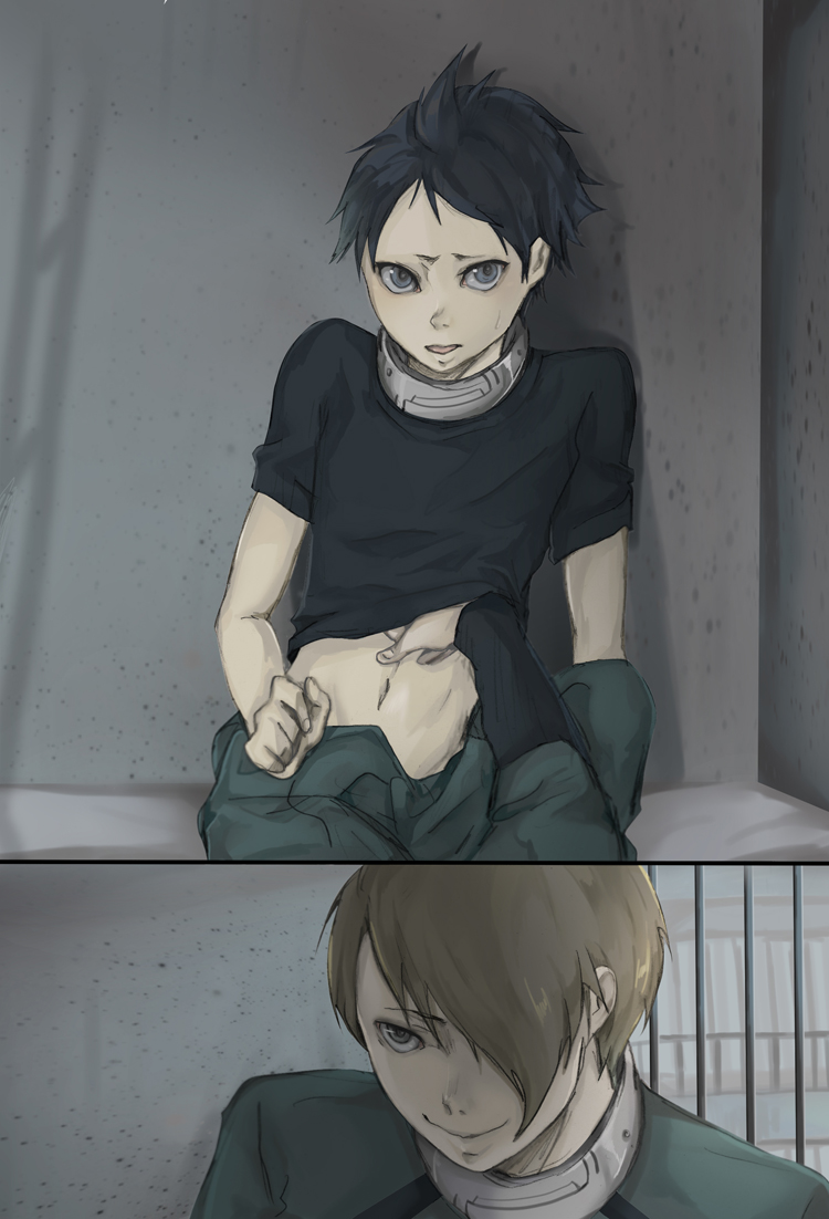 2boys, bars, character_request, collar, deadman_wonderland, igarashi_ganta, male, multiple_boys, naughty_face, pants_pull, takami_yoh, undressing, yaoi