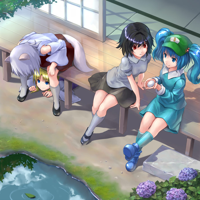 bent_over, egg, eno_(whiskeyne), flower, hiding, hydrangea, inubashiri_momiji, kawashiro_nitori, moriya_suwako, multiple_girls, no_hat, no_headwear, porch, shameimaru_aya, shiny, shiny_hair, sitting, tatami, touhou, veranda, water