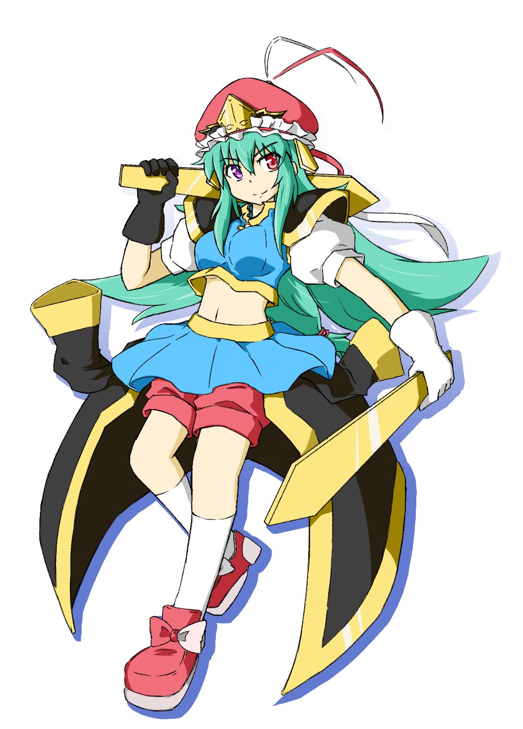 green_hair, hat, heterochromia, highres, long_hair, midriff, navel, original